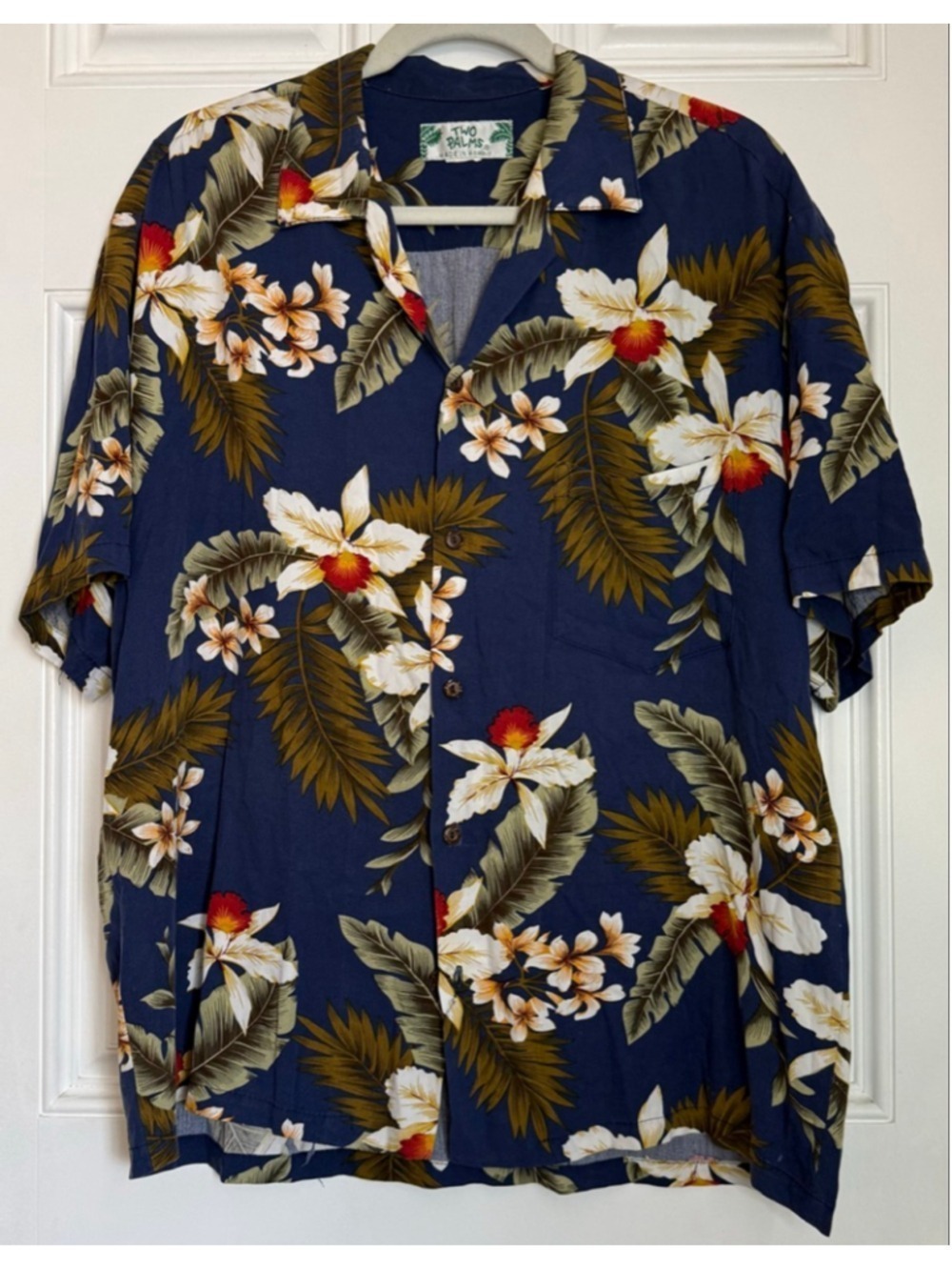 Men's Two Palms Vintage Casual Button Down Shirt L Navy White Floral